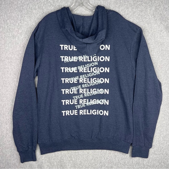 True Religion Mens Size Large Pullover Hoodie Blue TR Repeat Slant Logo Y2K NWT - Picture 2 of 11